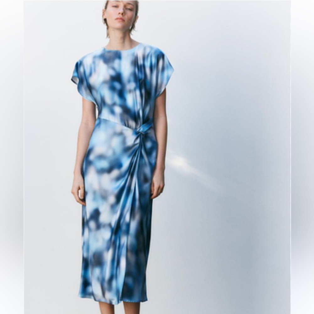 Zara NWT satin effect printed midi dress blue 6962/024